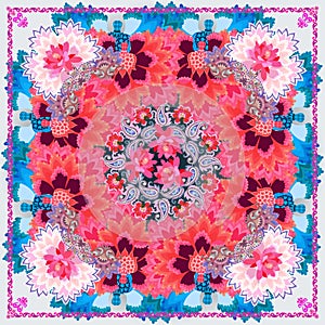 Shawl `Russian winter` with frost patterns on frosty window, and fantastic bright flowers, symbolizing heat from the Russian stove