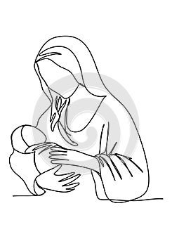 Shawl-wearing woman with a baby in her arms. Biblical stories, virgin mary with jesus christ in her arms. One line drawing vector