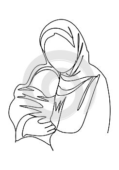 Shawl-wearing woman with a baby in her arms. Biblical stories, virgin mary with jesus christ in her arms. One line drawing vector