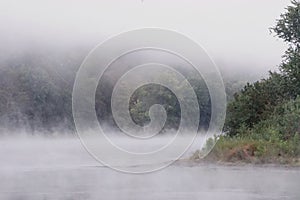 Shawnee on Delaware, Pennsylvania, USA: Early morning mist rising from the on the Delaware River