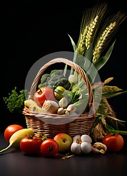 sheaf of wheat and basket of vegetables