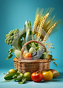 sheaf of wheat and basket of vegetables