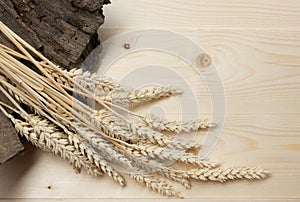 Sheaf of Wheat over Wood Background. Harvest concept. Top view