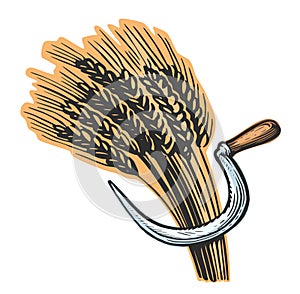 Sheaf of wheat and sickle. Fresh bread symbol illustration. Agriculture, farming concept