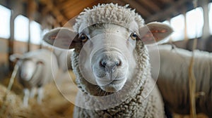 Sheared sheep in barn standing, chewing grass, making direct eye contact with camera