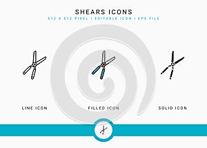 Shears icons set vector illustration with solid icon line style. Plant gardening agriculture concept.