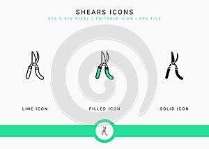 Shears icons set vector illustration with solid icon line style. Plant gardening agriculture concept. Editable stroke icon on