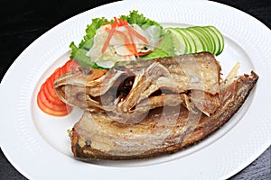 Sheatfishes Fish Fried with crispy garlic on a white plate