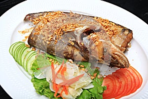 Sheatfishes Fish Fried with crispy garlic on a white plate