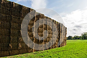 Sheaves of hay stacked into wall on the field in england uk on a sunny day