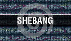 Shebang text written on Programming code abstract technology background of software developer and Computer script. Shebang concept