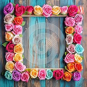 Shebby sheek floral roses frame on grunge wooden background