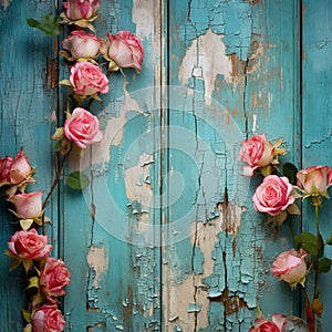 Shebby sheek floral roses frame on grunge wooden background