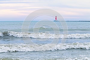 Sheboygan Lighthouse and Waves at Dusk in Winter