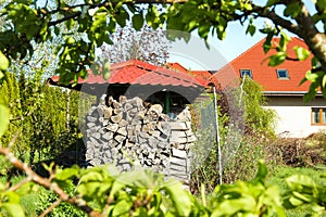 Shed with stacked firewood outdoors on sunny day