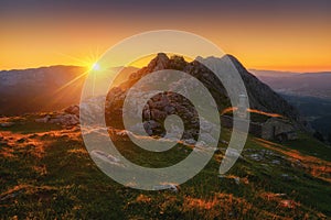 Shed on Urkiola mountain range at sunset