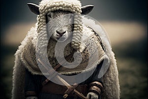 Sheep animal portrait dressed as a warrior fighter or combatant soldier concept. Ai generated