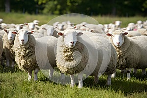 Sheep await shearing in beautiful outdoor farm setting