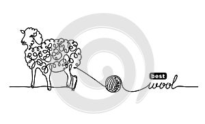 Sheep best, finest wool. Vector label design, background. One continuous line drawing of sheep and wool.