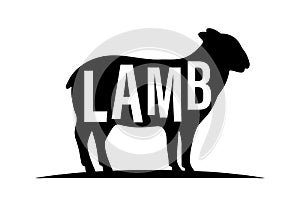 Sheep black silhouette with lettering. Sheep symbol. Ram silhouette. Farm animal icon isolated on white background.
