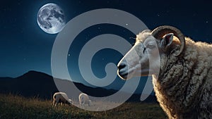 a sheep at blue night with moon Eid Al-Adha greeting scene.
