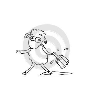 Sheep with a bucket of water hand draw sketch, vector