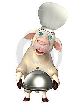 Sheep cartoon character with chef hat and cloche