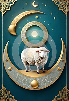 a sheep on a crescent moon with stars on the top