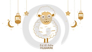 Sheep with crescents, lamp and stars. Traditional lantern of Ramadan nights greeting card