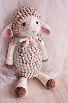 Sheep crochet animal toy for kids lamb crocheting handmade crochet knitting background pastel pink color theme vintage decoration