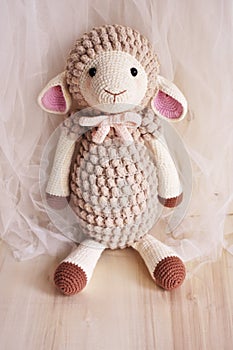 Sheep crochet animal toy for kids lamb crocheting handmade crochet knitting background pastel pink color theme vintage decoration