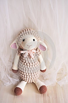 Sheep crochet animal toy for kids lamb crocheting handmade crochet knitting background pastel pink color theme vintage decoration