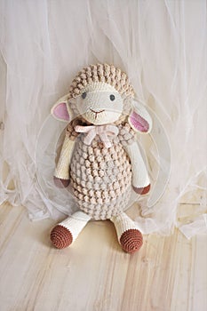 Sheep crochet animal toy for kids lamb crocheting handmade crochet knitting background pastel pink color theme vintage decoration