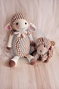 Sheep crochet animal toy for kids lamb crocheting handmade crochet knitting background pastel pink color theme vintage decoration