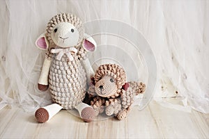 Sheep crochet animal toy for kids lamb crocheting handmade crochet knitting background pastel pink color theme vintage decoration