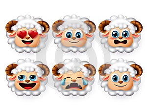 Sheep emoji vector set. Lamb or sheeps face emoticon with cute emotions like inlove and shy isolated.