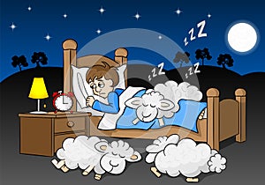 Sheep fall asleep on the bed of a sleepless man