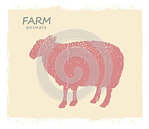 Sheep Farm animal silhouette. Vector vintage symbol sheep on old paper background