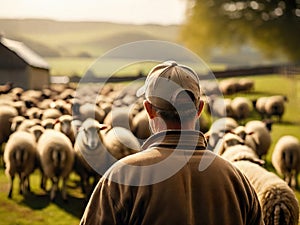 Sheep farmer on dairy farm following herd to the pasture land, generative ai