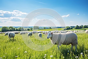 sheep in a field with flowers. cow on a sunny summer day in a field. Farm animal