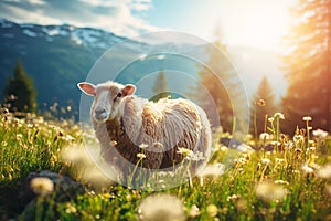 sheep in a field with flowers. cow on a sunny summer day in a field. Farm animal