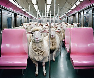 sheep flock in an underground subway train wagon with pink chairs