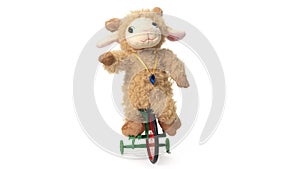 Sheep fluffy toy on bicycle isolated on white background