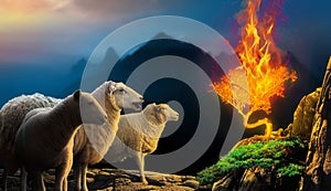 Sheep gather around burning bush on top of a mountain photo