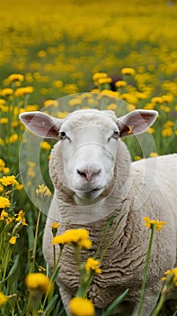 Sheep gazes at the camera amid field of yellow flowers photo