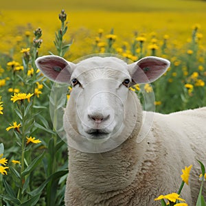 Sheep gazes at the camera amid field of yellow flowers photo