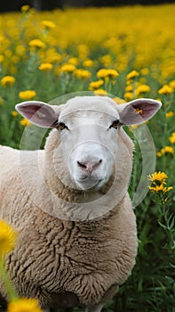 Sheep gazes at the camera amid field of yellow flowers photo