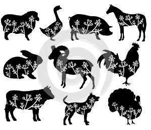 Sheep, goose, pig, horse, rabbit, goat, rooster, cow, dog, turkey. Vector animal with floral element. Illustration