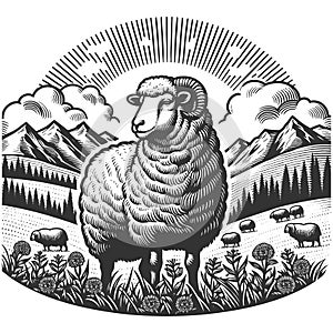 Grazing Sheep Mountain Landscape engraving vector photo