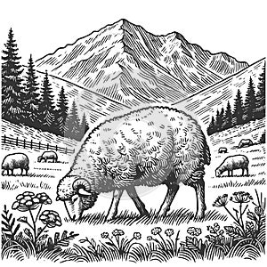 Grazing Sheep Mountain Landscape engraving vector photo